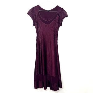 Komarov Partial Sheer Cap Sleeve Crinkle Dress - Dark Eggplant L